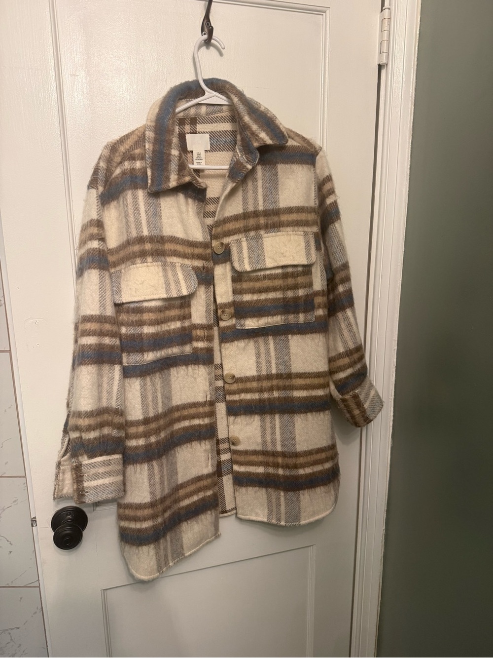 H&M Plaid Button-Front Shacket Jacket - Cream & Brown
